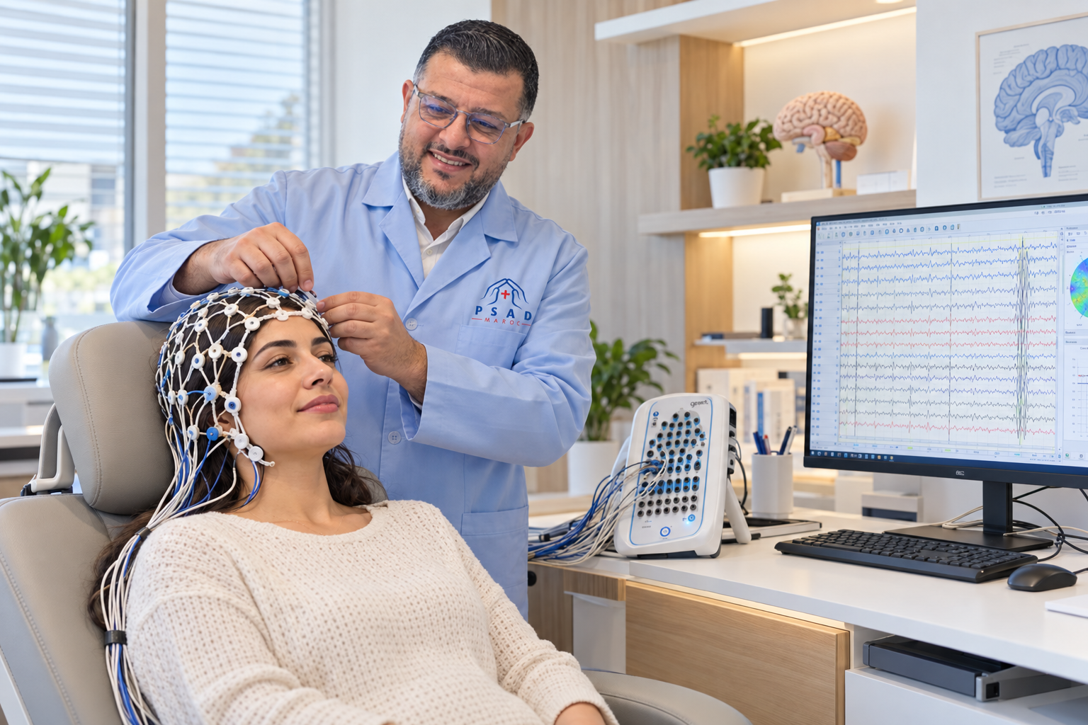Technicien PSAD MAROC en blouse bleue préparant un EEG dans un cabinet de neurologie