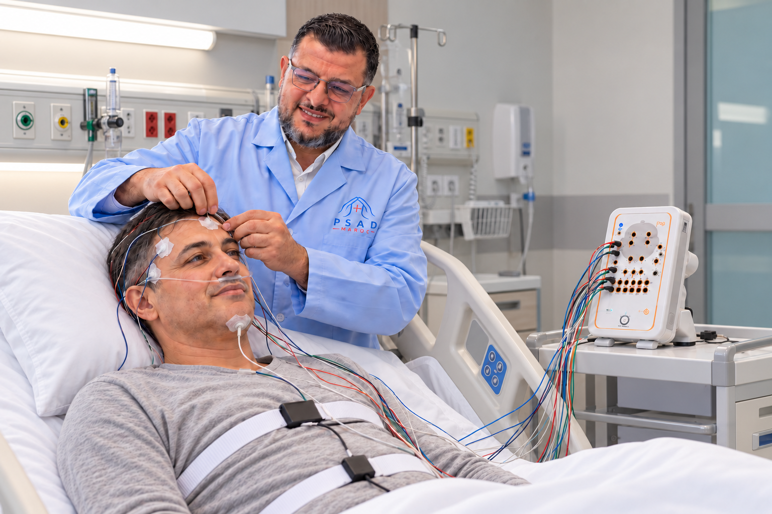 Technicien PSAD MAROC préparant une exploration avec Compumedics Grael PSG