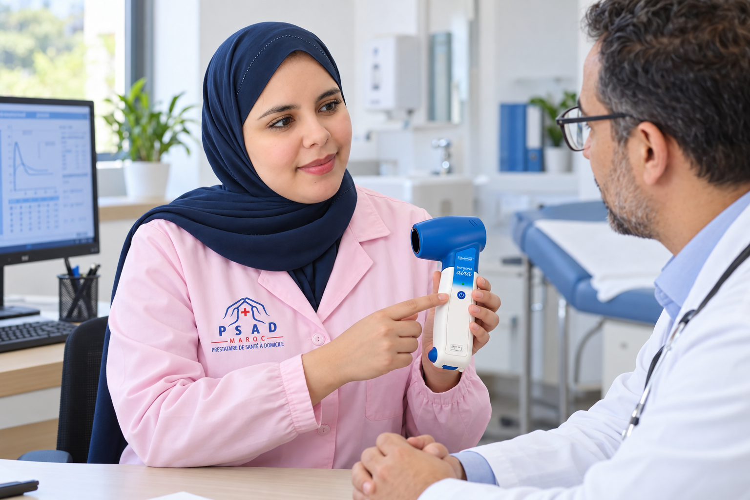 Infirmière PSAD MAROC expliquant le fonctionnement du Datospir Aira à un médecin